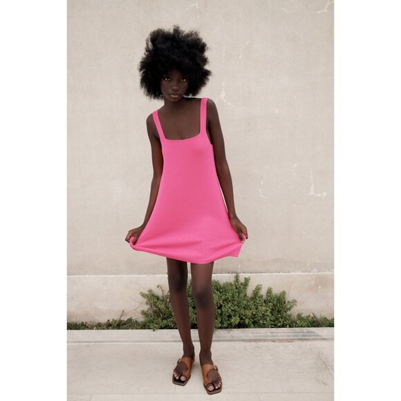 NWT Zara Hot Pink Knit Square Neck Ribbed A-Line Bodycon Barbiecore Mini Dress S - Picture 12 of 16